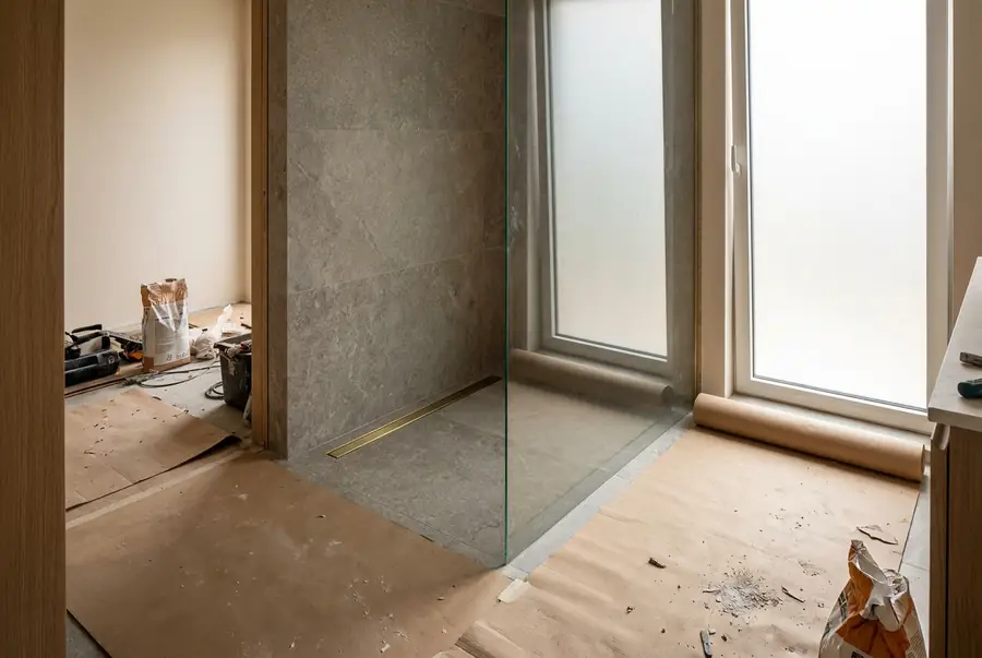Douche à l’italienne carrelée de plain-pied avec paroi en verre et caniveau linéaire